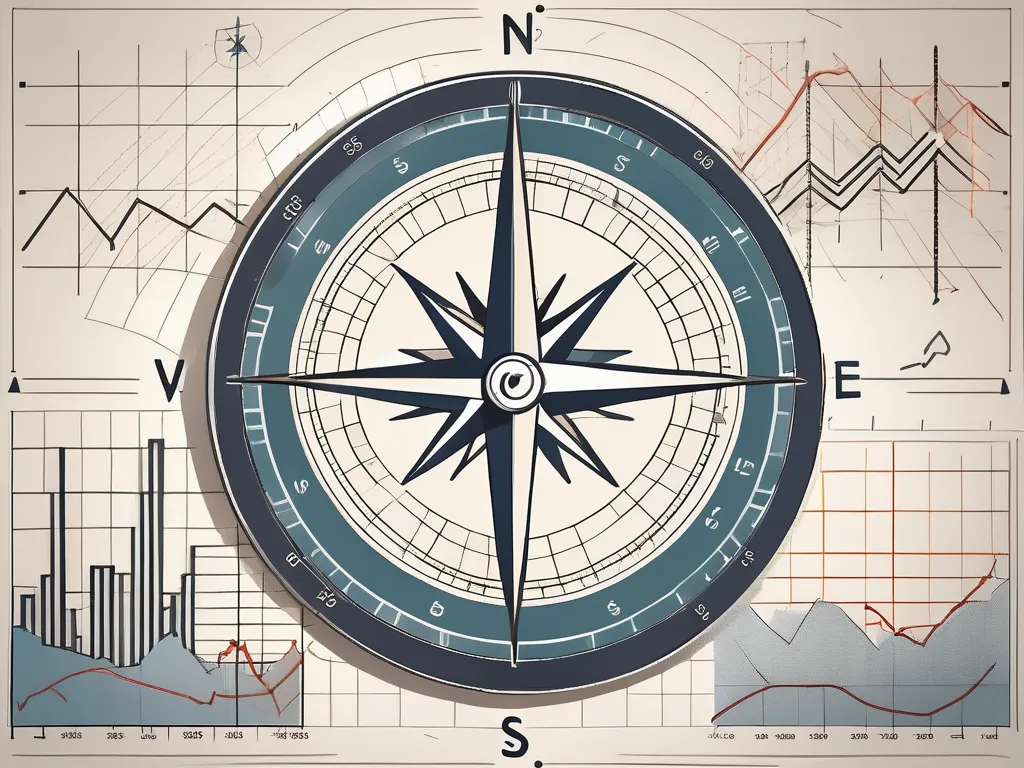 Ein Kompass, umgeben von verschiedenen Finanzdiagrammen und Grafiken.