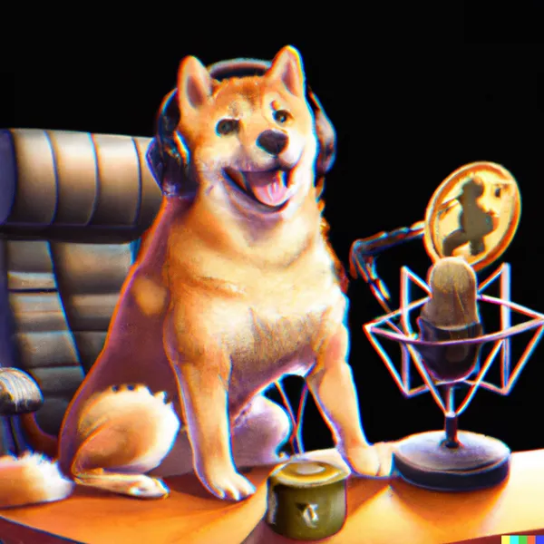 Ein Shiba Inu Hund und ein Bitcoin, die einen Podcast machen, digitale Kunst