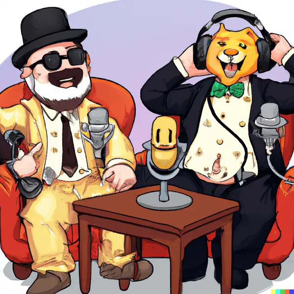 Mr. Monopoly und Mr. Bitcoin machen einen Podcast, digitale Kunst