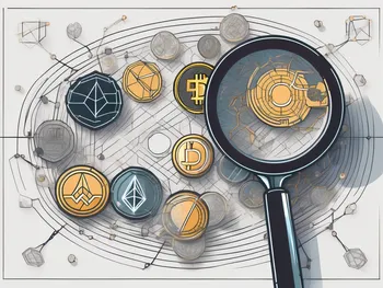 A magnifying glass examining a stylized blockchain