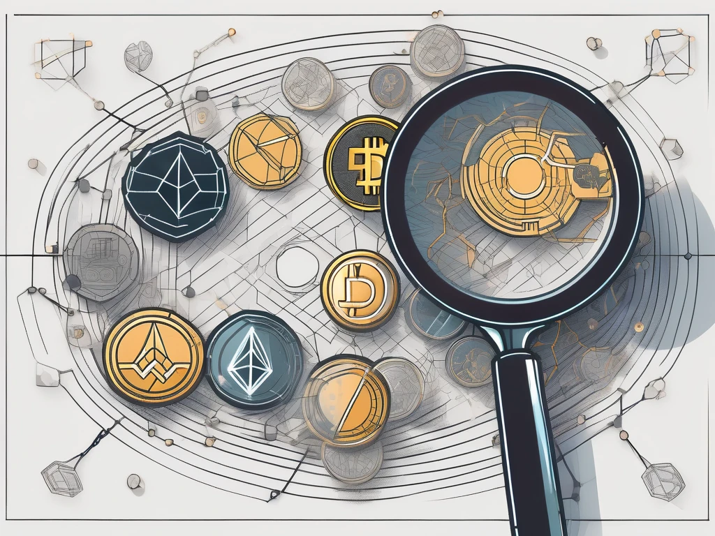 A magnifying glass examining a stylized blockchain