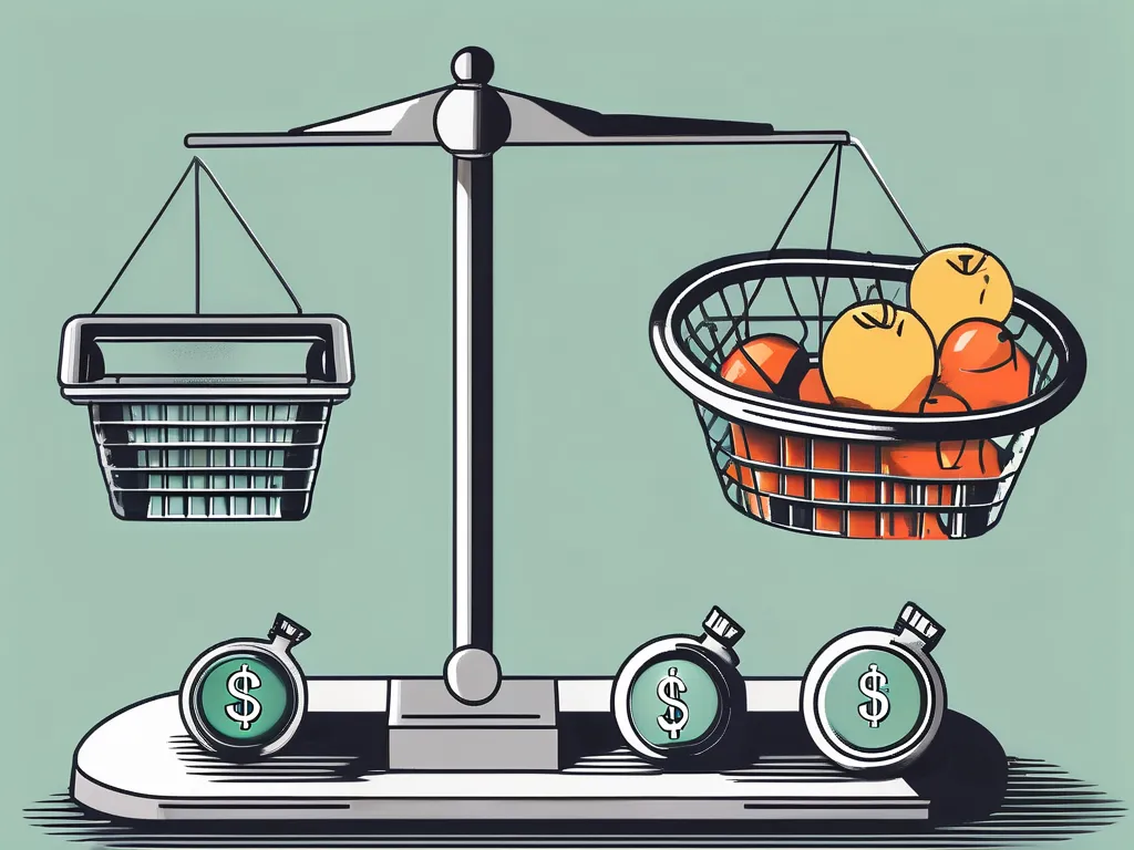 A scale balancing a shopping basket full of various goods and a dollar sign