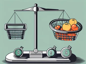 A scale balancing a shopping basket full of various goods and a dollar sign