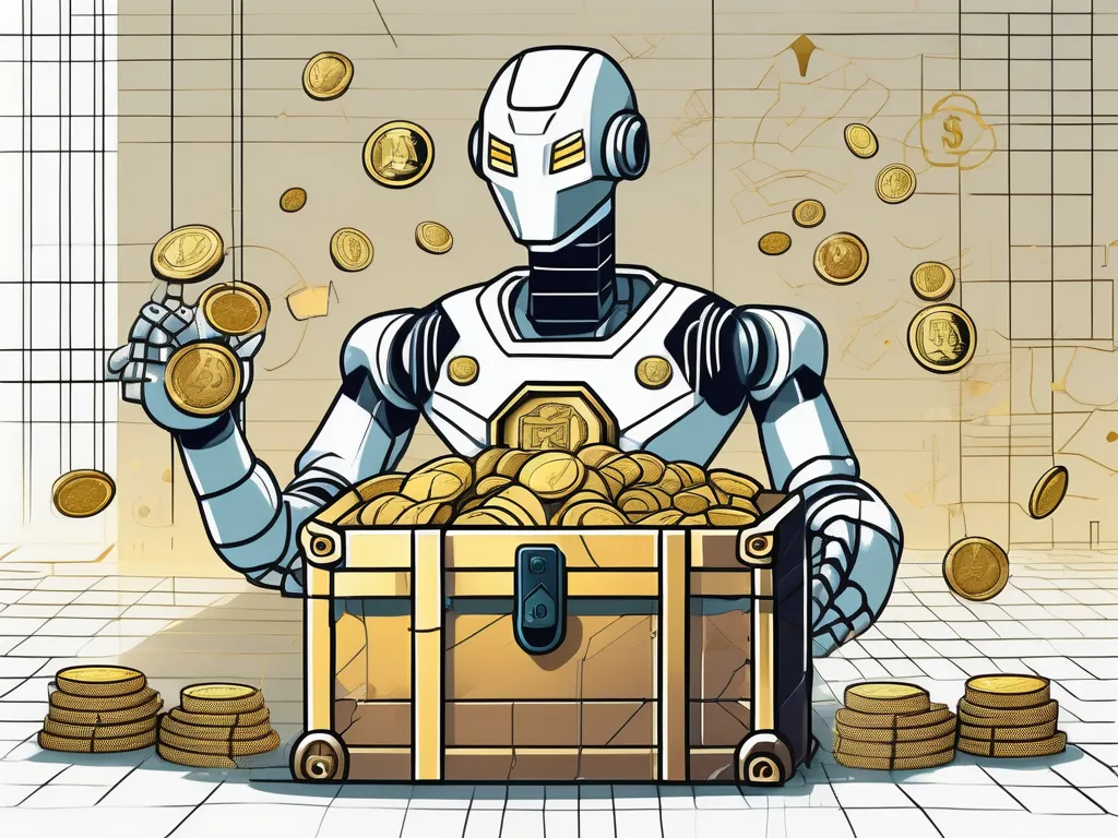 Un robot futurista desbloqueando un cofre del tesoro lleno de símbolos de ganancia como monedas de oro y billetes de dólar.