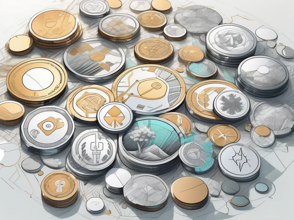 A digital landscape with various symbolic tokens (like coins or keys) scattered around