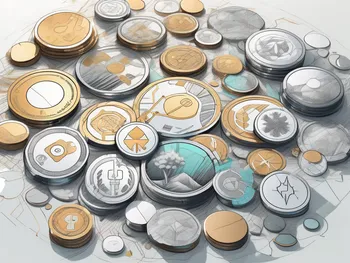 Un paisaje digital con varios tokens simbólicos (como monedas o llaves) dispersos por doquier