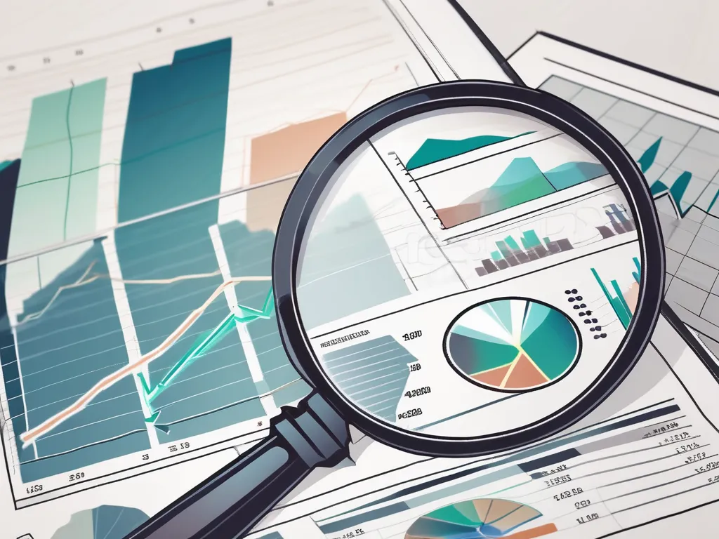 A magnifying glass focusing on a printed financial report with various charts and graphs