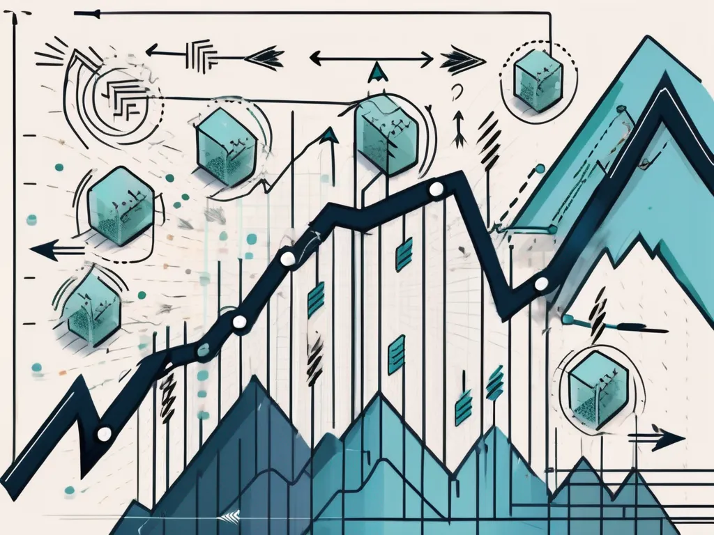 A stock market chart with various trading entry points marked by arrows and symbols