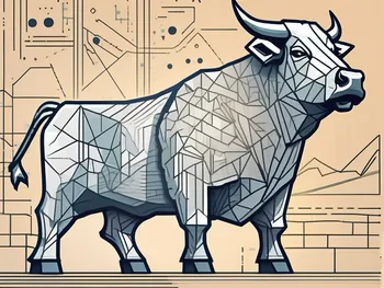 A bull made of digital code standing atop a fortress