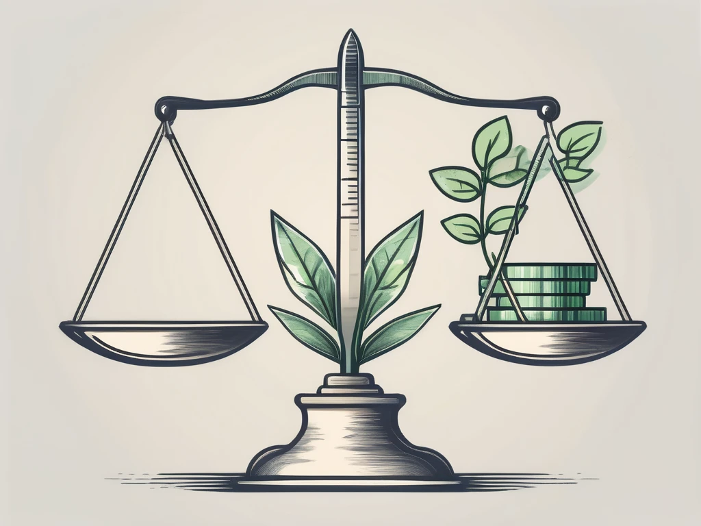 A balanced scale with various financial symbols like currency