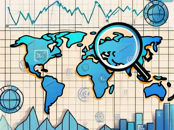 Un mapa global dinámico con varios símbolos de monedas flotando alrededor