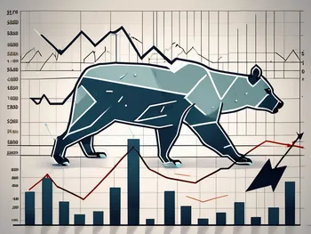 A dynamic stock market scene featuring a stock chart with a downward trend transitioning into an upward spike