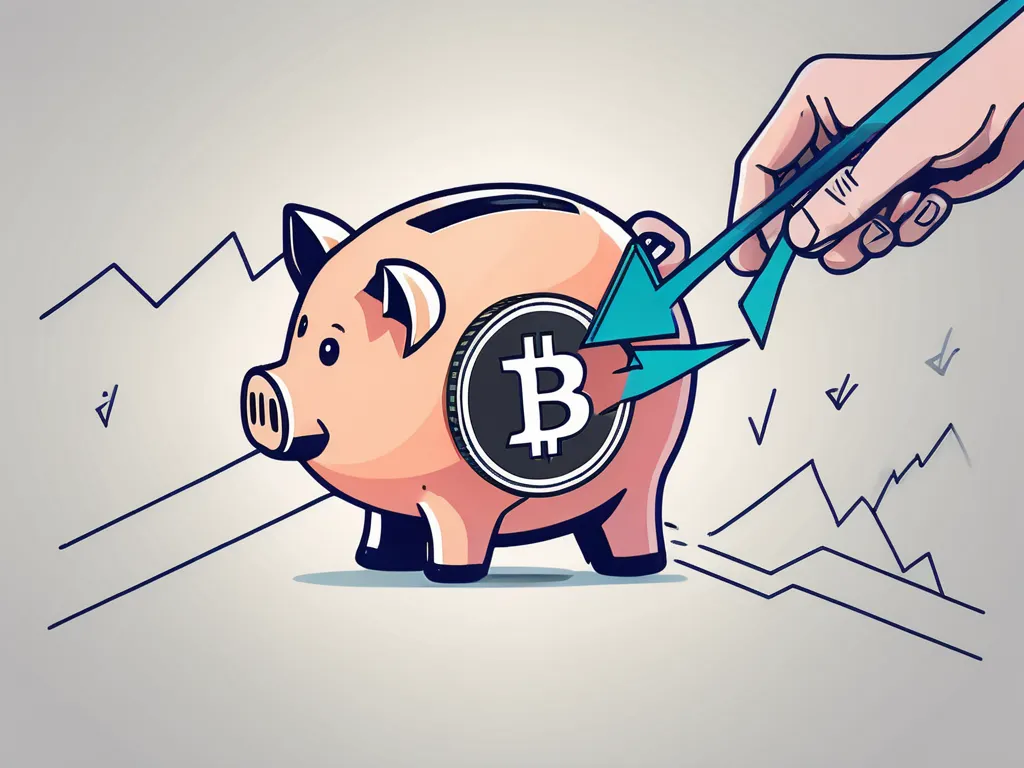 A cryptocurrency coin being inserted into a slot of a digital piggy bank