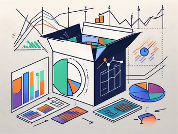 Eine Box öffnet sich mit verschiedenen Finanzdiagrammen und Symbolen wie Dollarzeichen