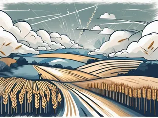 A wheat field under a sky with symbols of various economic indicators (like arrows