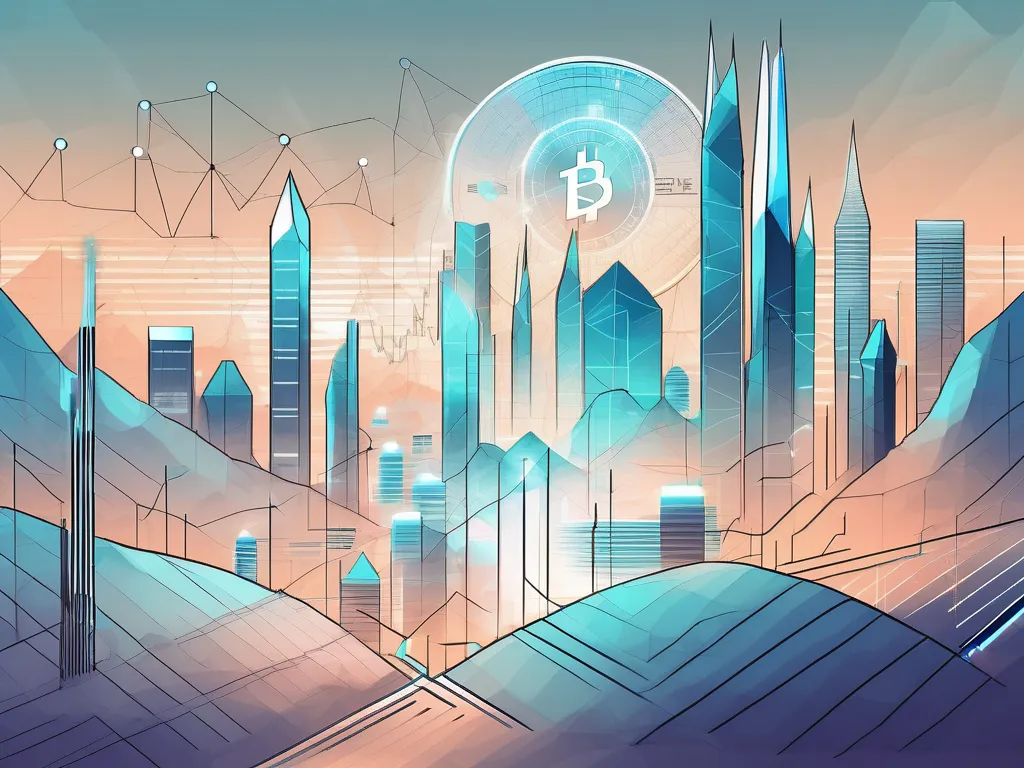 Un paisaje digital que presenta una bolsa de valores futurista con símbolos que representan criptomonedas y tecnología blockchain