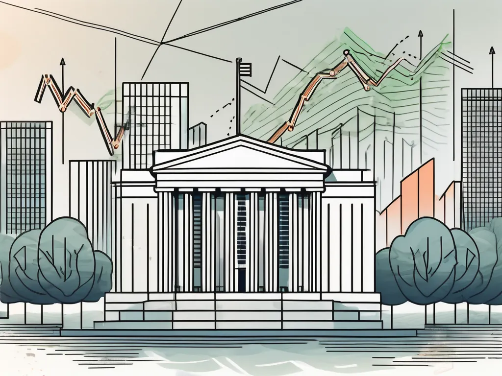 Zeichnen Sie eine Illustration eines Zentralbankgebäudes, umgeben von schwebenden Währungsnoten und Diagrammen, die steigende und fallende Wirtschaftsindikatoren darstellen.