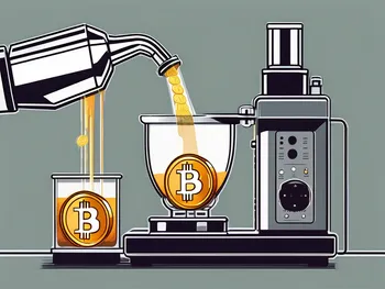 A bitcoin being poured into a stylized