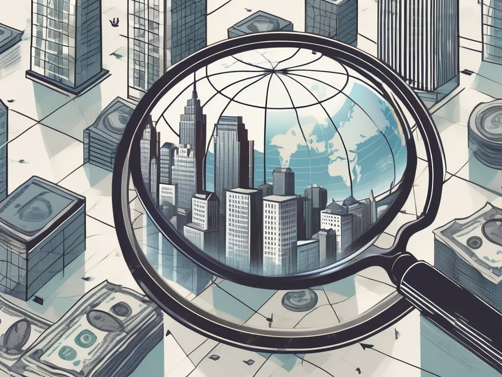 A magnifying glass hovering over a globe focused on the financial district of a city