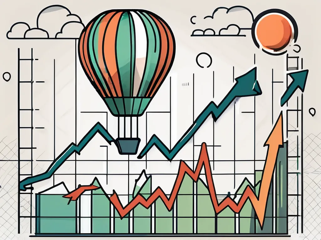 Eine Waage, die Symbole für wirtschaftliches Wachstum (wie einen steigenden Pfeil oder einen blühenden Baum) und Inflation (wie ein Dollarzeichen in einem Heißluftballon) ausgleicht