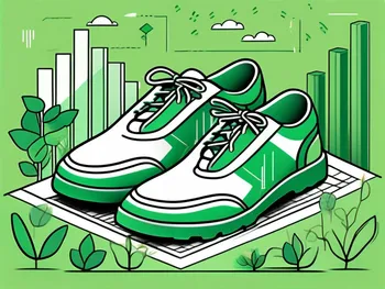 A pair of green shoes stepping onto a path leading towards symbols of financial growth such as ascending bar graphs and dollar signs