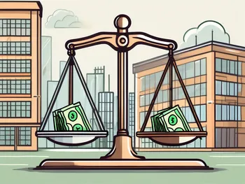 A balance scale with bags of money on one side and a factory or corporate building on the other