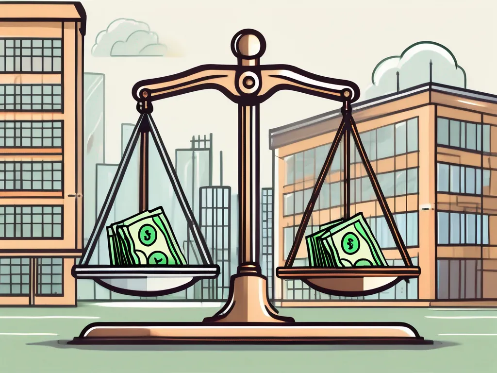 A balance scale with bags of money on one side and a factory or corporate building on the other