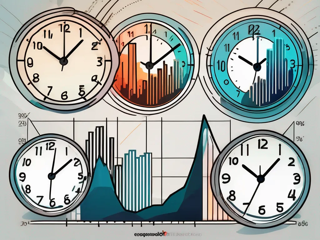 Una escena dinámica del mercado de valores con cuatro relojes distintos que representan la expiración de diferentes instrumentos financieros