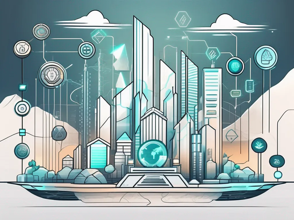 A futuristic digital landscape with various symbolic icons representing traditional investment items (like stocks