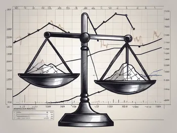 A balanced scale with mathematical formulas on one side and a stock market graph on the other