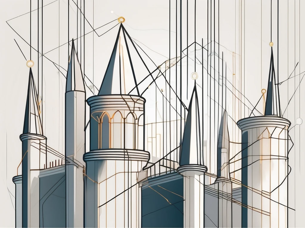 Ancient byzantine towers connected by a network of glowing lines