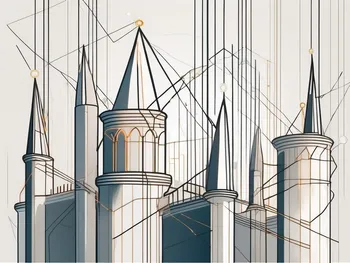 Ancient byzantine towers connected by a network of glowing lines