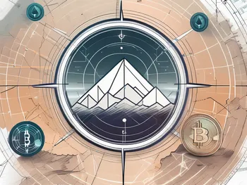 Un paysage futuriste avec des éléments symboliques de crypto-monnaie (comme des symboles de bitcoin ou d'éthereum) dispersés autour.