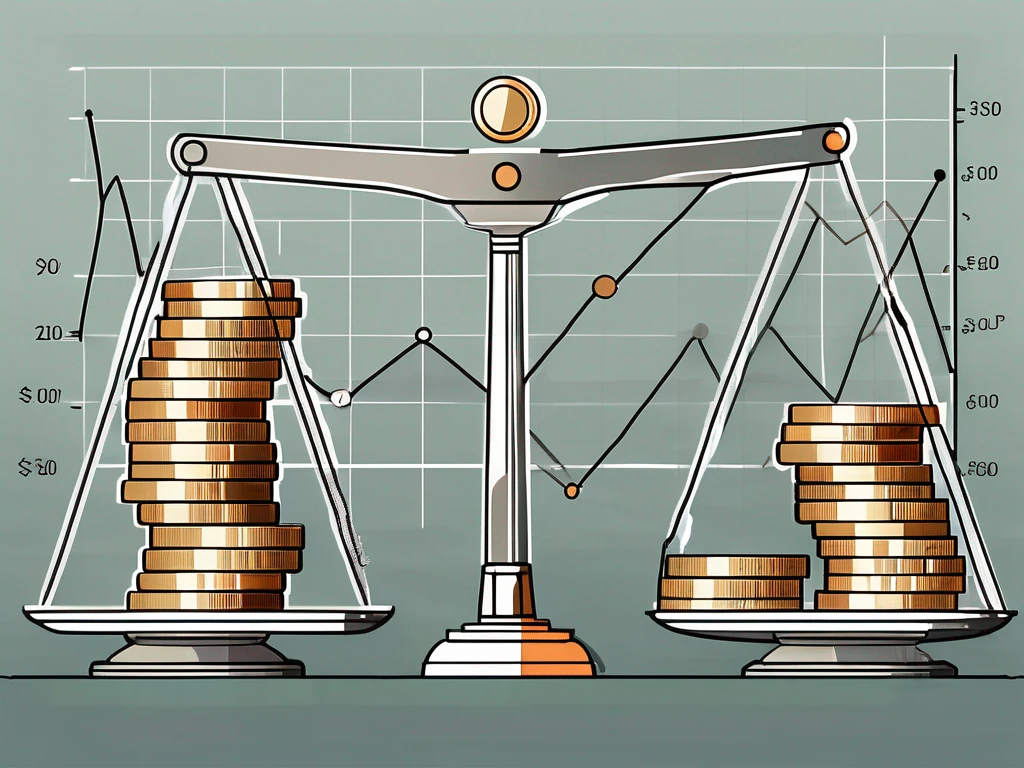 A balance scale with stacks of coins on one side and a line graph representing stock prices on the other