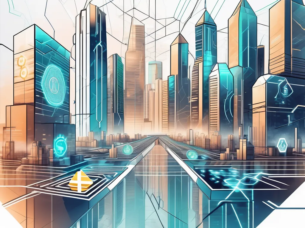 Un paysage urbain futuriste avec des symboles de cryptomonnaie et des éléments robotiques d'IA entrelacés