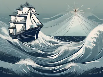 A stormy sea with a compass and a ship skillfully navigating through the towering waves