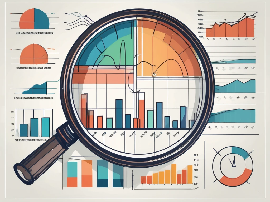 A magnifying glass hovering over a series of bar graphs and pie charts