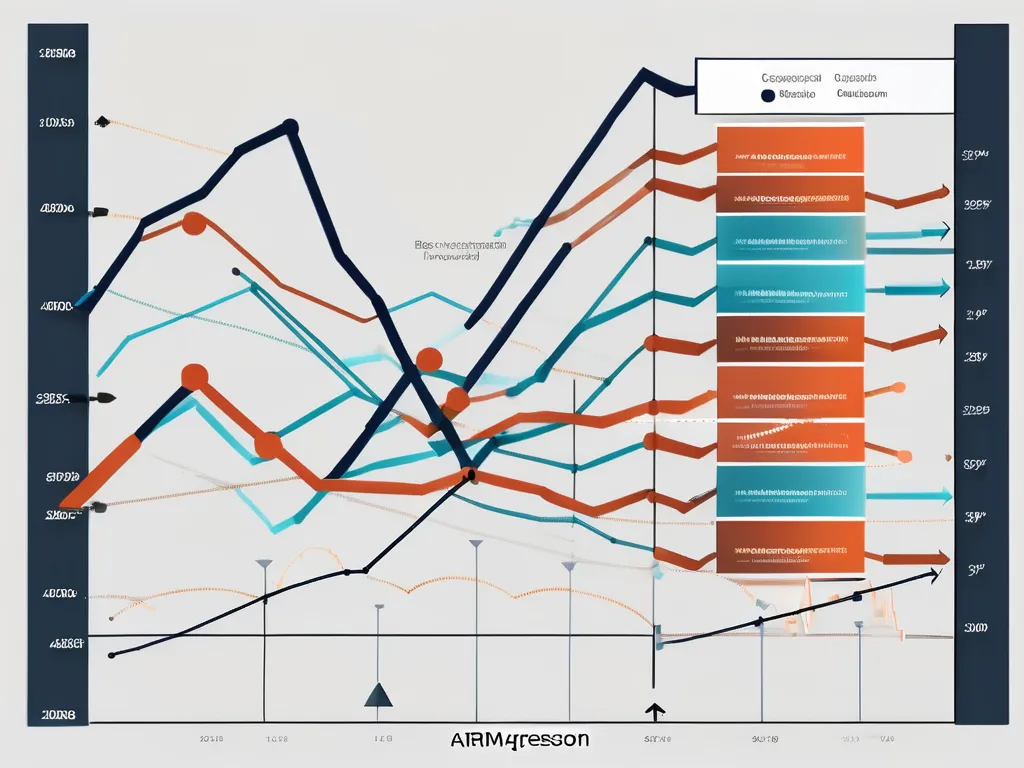 Un gráfico estilizado que muestra datos de series temporales con claras tendencias ascendente y descendente