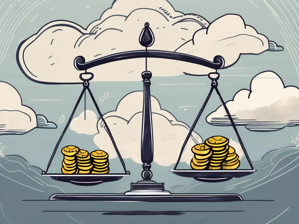 A balance scale with coins on one side and a storm cloud on the other