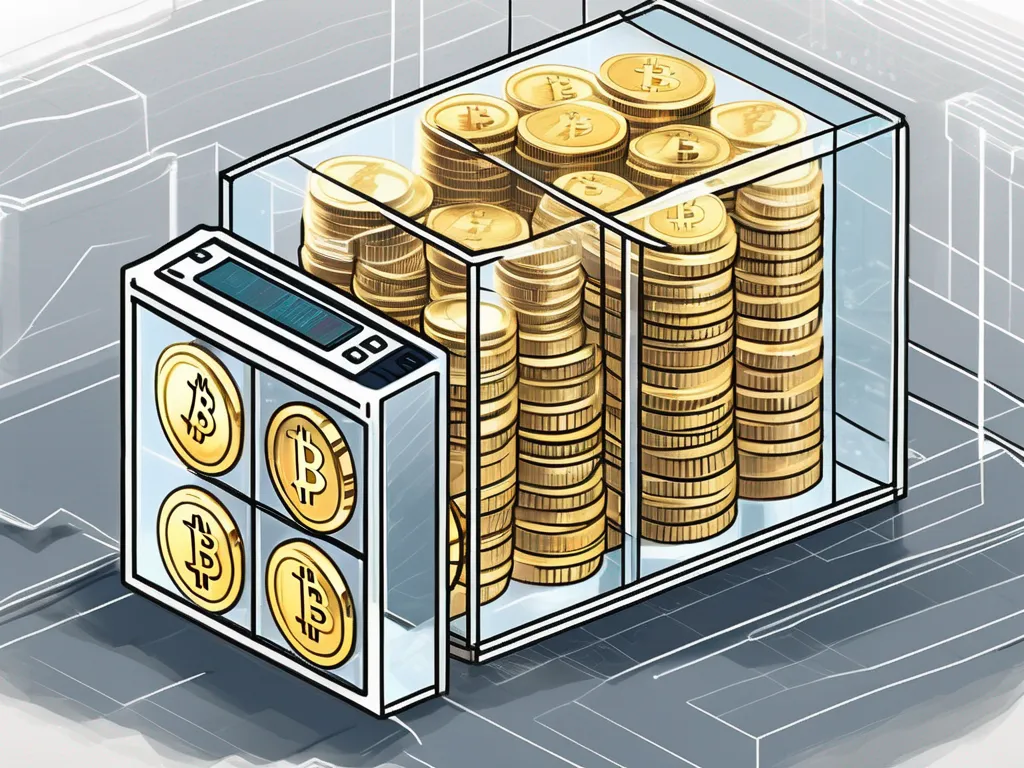 Una bóveda digital llena de monedas de criptomonedas brillantes y un libro mayor transparente que muestra datos de transacciones