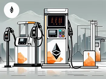 A digital landscape with ethereum coins and a gas pump