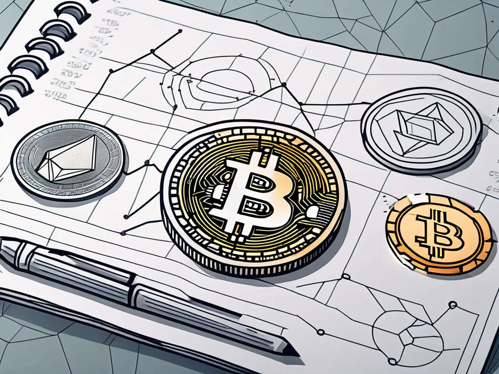 A traditional paper ledger juxtaposed with digital graphics of various cryptocurrencies