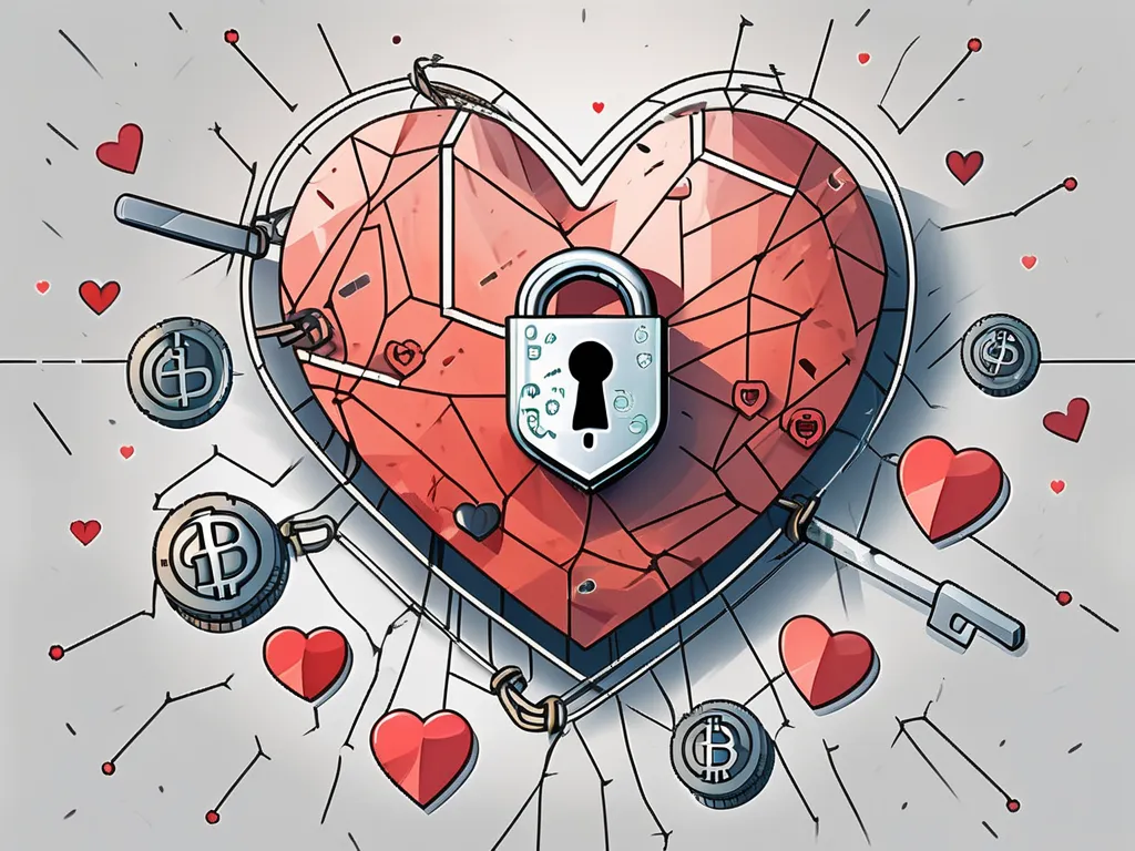 A heart-shaped padlock being cracked open with a digital key