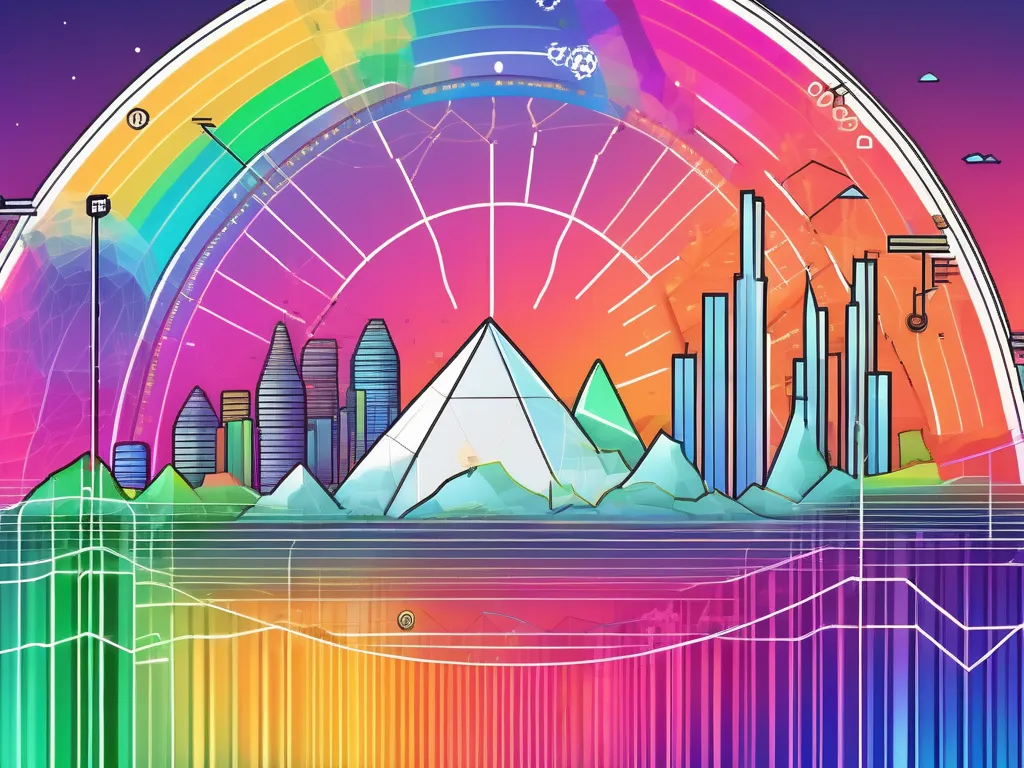 Un graphique arc-en-ciel vibrant avec divers symboles de cryptomonnaie intégrés dans chaque bande de couleur