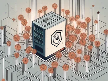 A digital fortress being attacked by a group of computer viruses