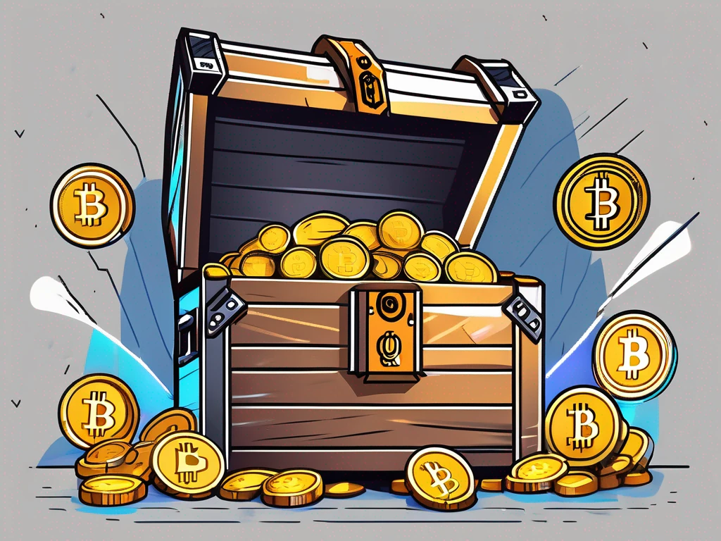 A cryptocurrency mining rig with digital coins flowing out from it into a treasure chest