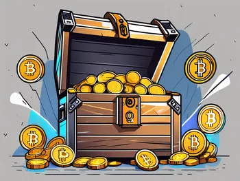 A cryptocurrency mining rig with digital coins flowing out from it into a treasure chest