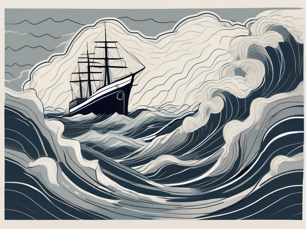 A ship navigating through a stormy sea full of treacherous obstacles like rocks and whirlpools