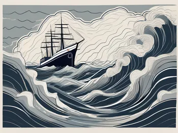 A ship navigating through a stormy sea full of treacherous obstacles like rocks and whirlpools