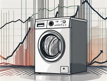 A stock market chart with fluctuating lines and a symbolic washing machine in the background to represent the concept of the wash sale rule in investing